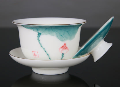 Gaiwan en Porcelaine Peinte Lotus Dorure - 140 mL