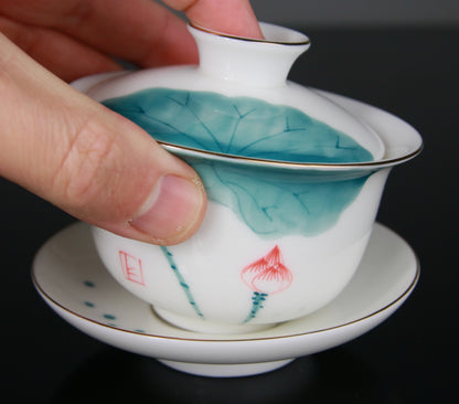 Gaiwan en Porcelaine Peinte Lotus Dorure - 140 mL